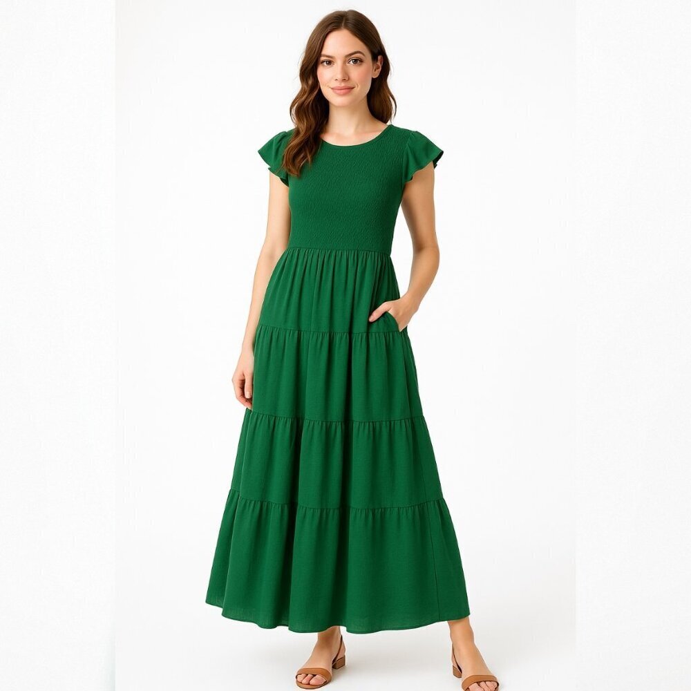 Women's Green Tiered Maxi Dress S Smocked Bodice Pockets Cottagecore‎ Peasant